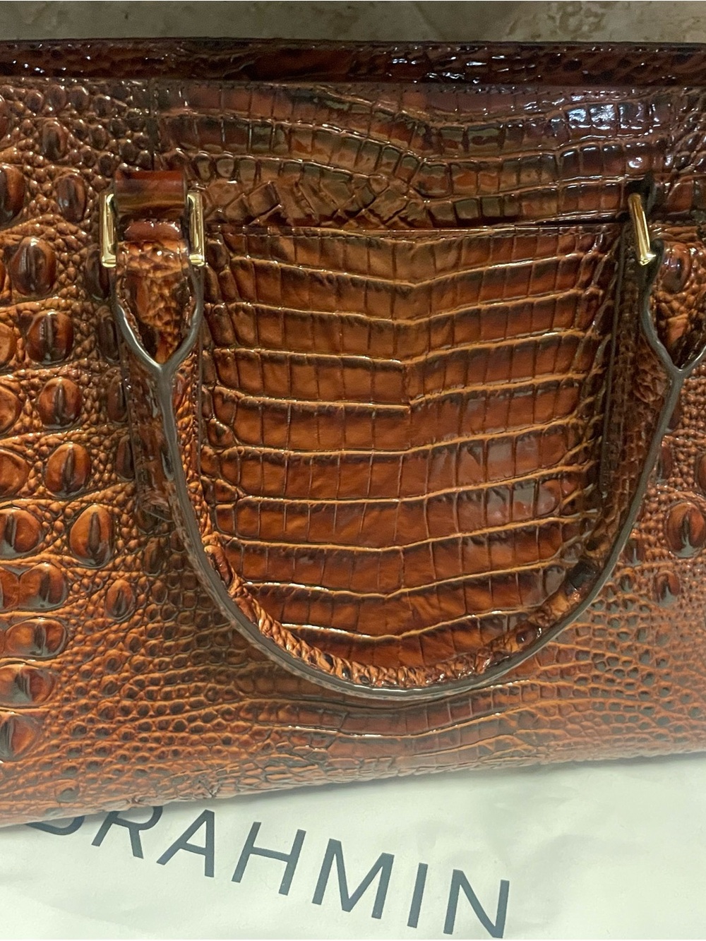 Brahmin Chestnut Croc-Embossed Leather Satchel with Wallet-Pristine - Picture 4 of 10